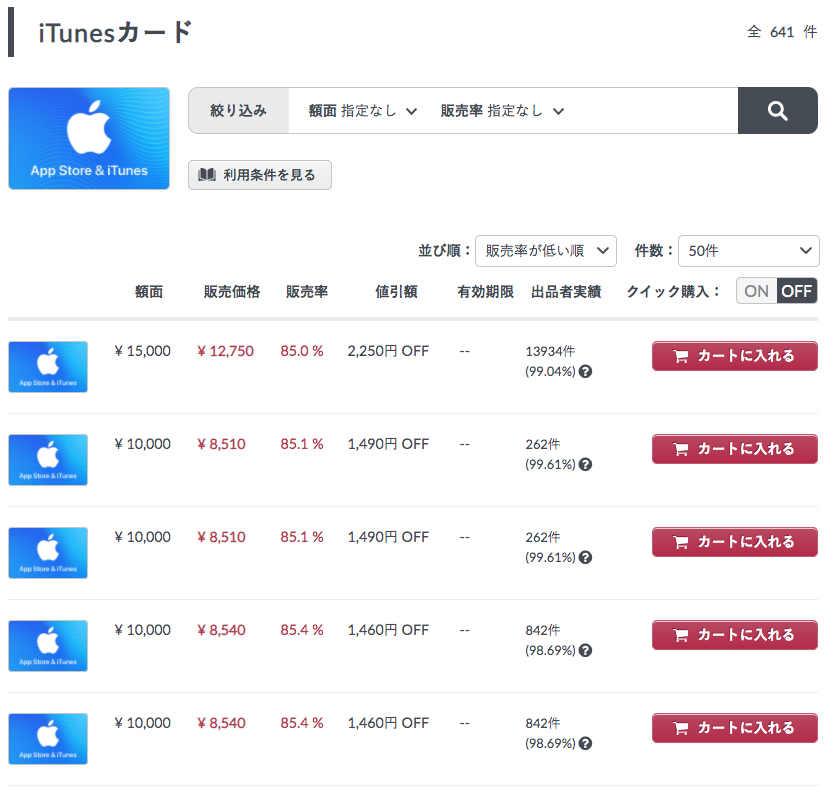 Giftissue(ギフティッシュ)のiTunesカードの出品内容