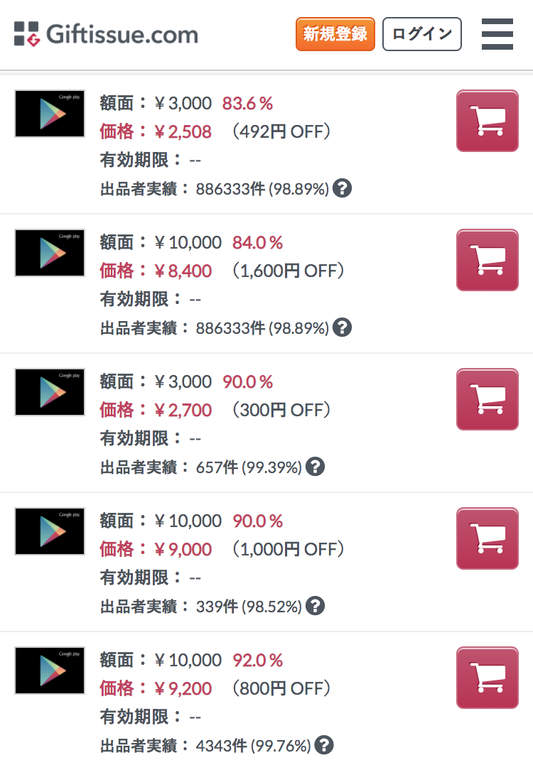 GiftissueでのGooglePlayカードの出品内容