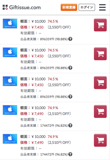 Giftissue(ギフティッシュ)のiTunesカードの出品内容