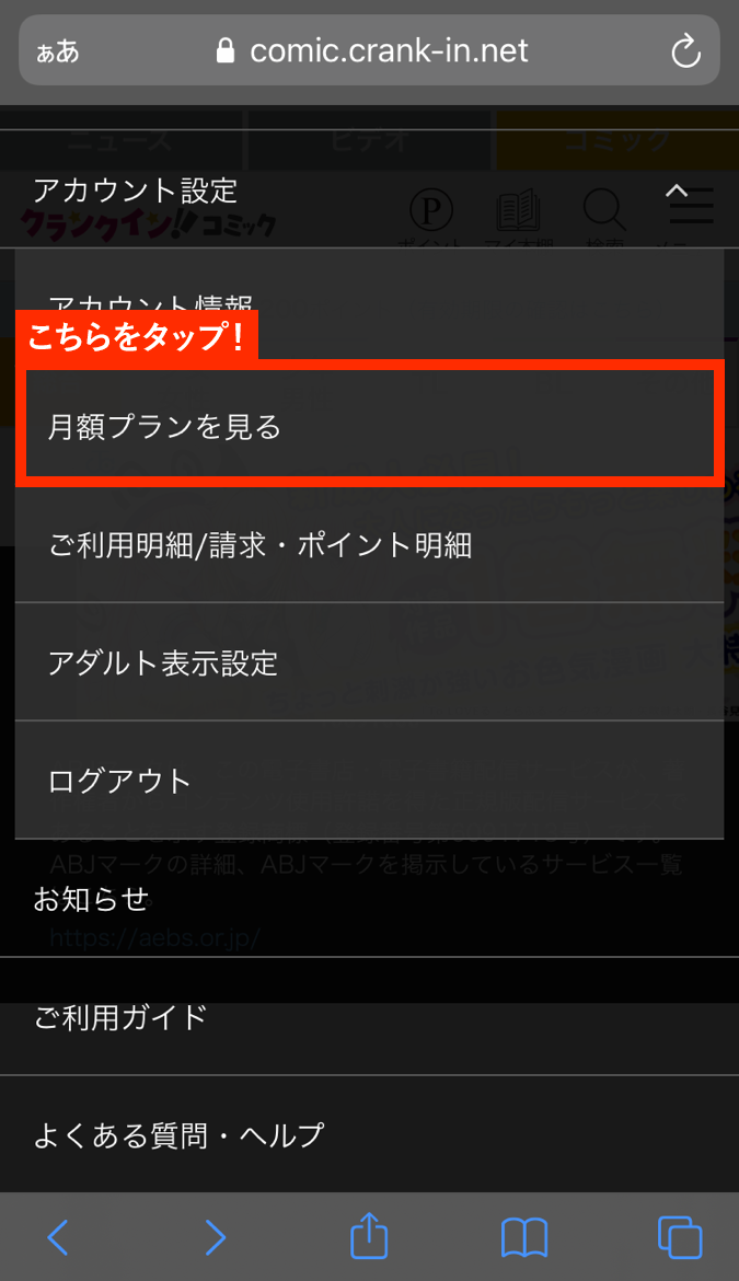 アカウント設定をタップ後、【月額プランを見る】をタップ